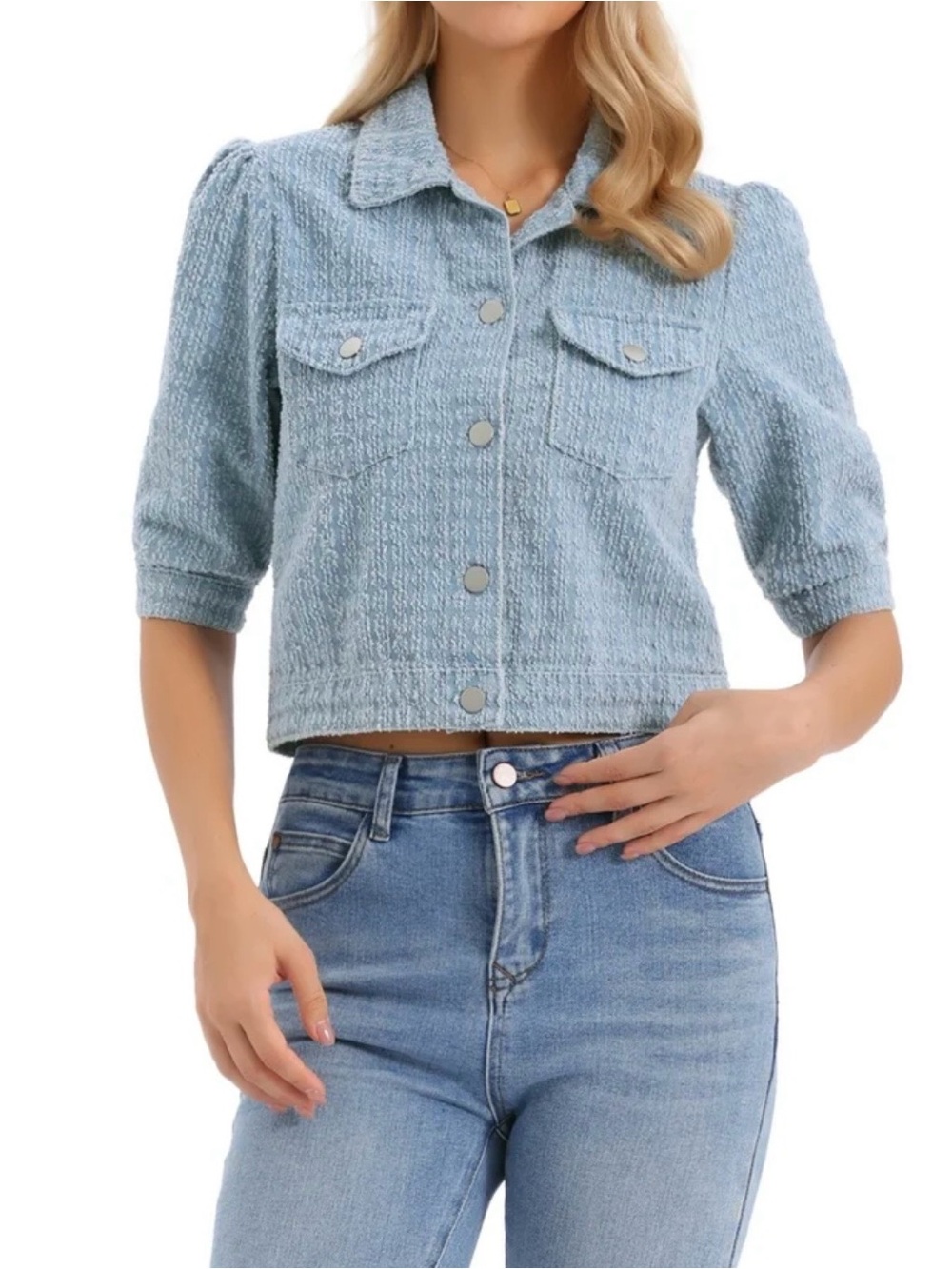 Women's Light Blue Textured Cropped Button-Down Shirt